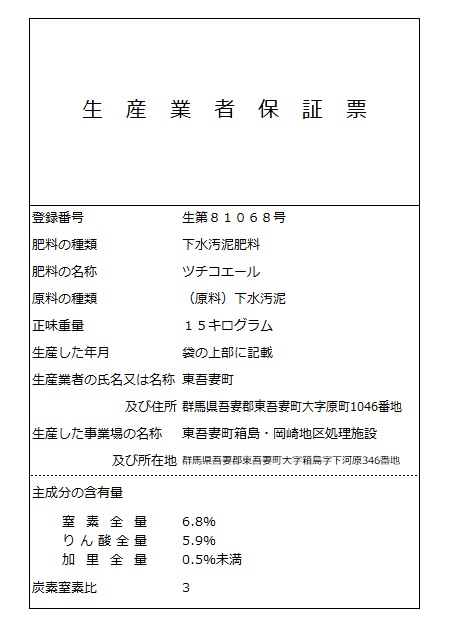 ツチコエール生産業者保証票