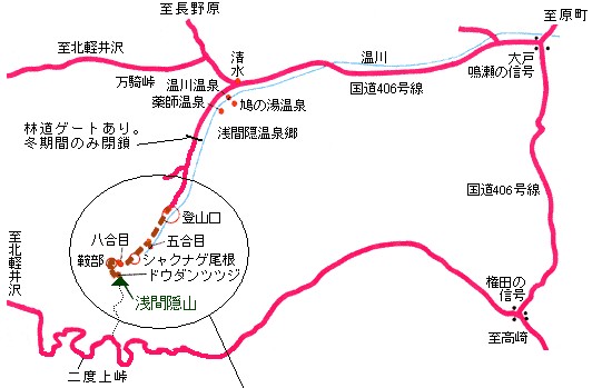 国道406号線から山頂への地図